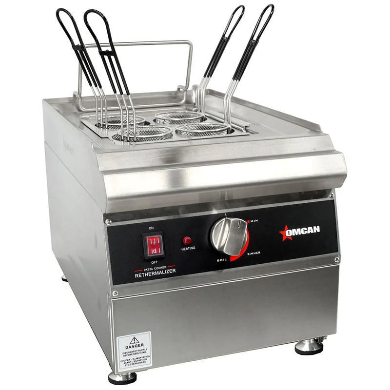 Omcan 41882 240V countertop electric pasta cooker in stainless steel with four baskets and control knob, front view