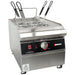 Omcan 41882 240V countertop electric pasta cooker in stainless steel with four baskets and control knob, front view