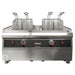 Omcan 41883 240V double countertop electric pasta cooker in stainless steel with two wells of baskets, front view