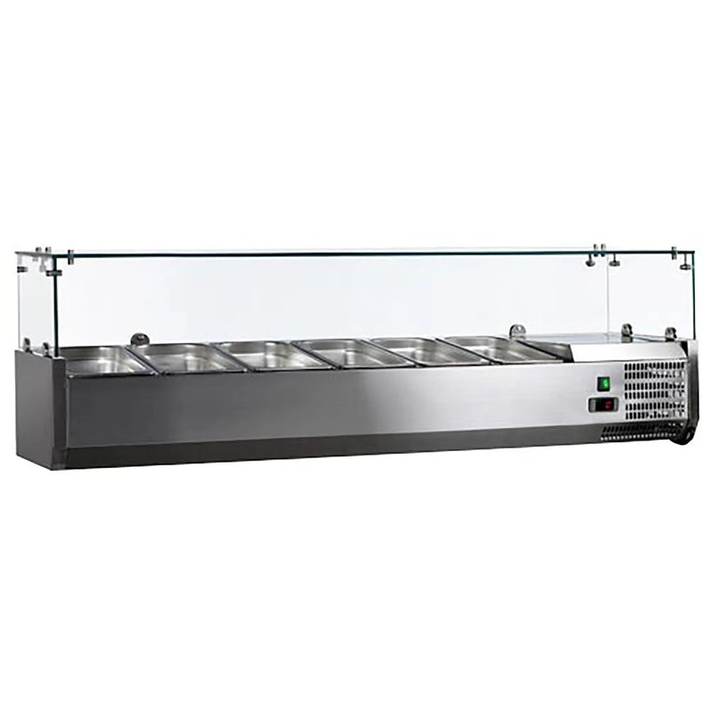Omcan 41937 refrigerated 59-inch topping rail in stainless steel with glass sneeze guard over the pan wells