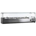 Omcan 41937 refrigerated 59-inch topping rail in stainless steel with glass sneeze guard over the pan wells