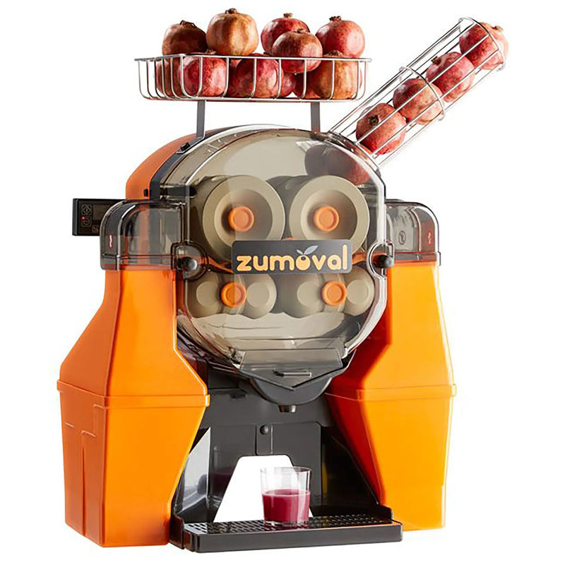 Omcan 41965 Zumoval Big Basic juicer for large fruits, orange body with pomegranates loaded in the top feeder