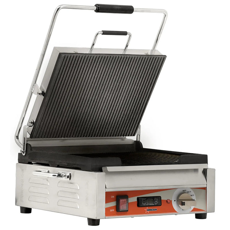 Omcan 42911 single large 12 x 15 inch panini grill, 120V, ribbed top plate and smooth bottom plate with lid raised