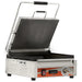Omcan 42911 single large 12 x 15 inch panini grill, 120V, ribbed top plate and smooth bottom plate with lid raised