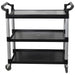 Omcan 43069 black plastic utility cart, straight-on view of the three shelves, two push handles and casters