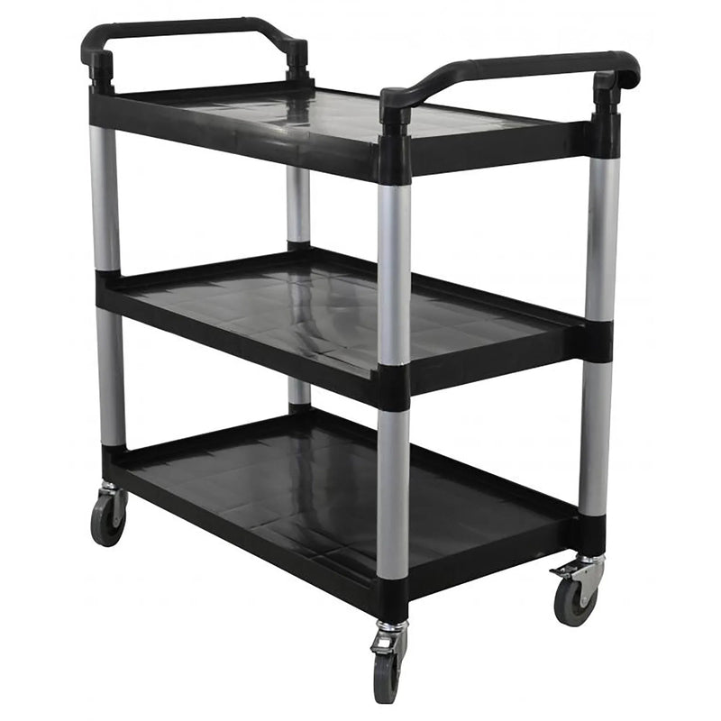 Omcan 43069 black plastic three-shelf utility cart with 198 lb capacity and aluminum posts, angled front view