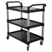 Omcan 43069 black plastic three-shelf utility cart with 198 lb capacity and aluminum posts, angled front view