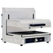 Omcan 43450 electric 21-inch adjustable salamander broiler with wire grill rack and lowered heating head, angled view