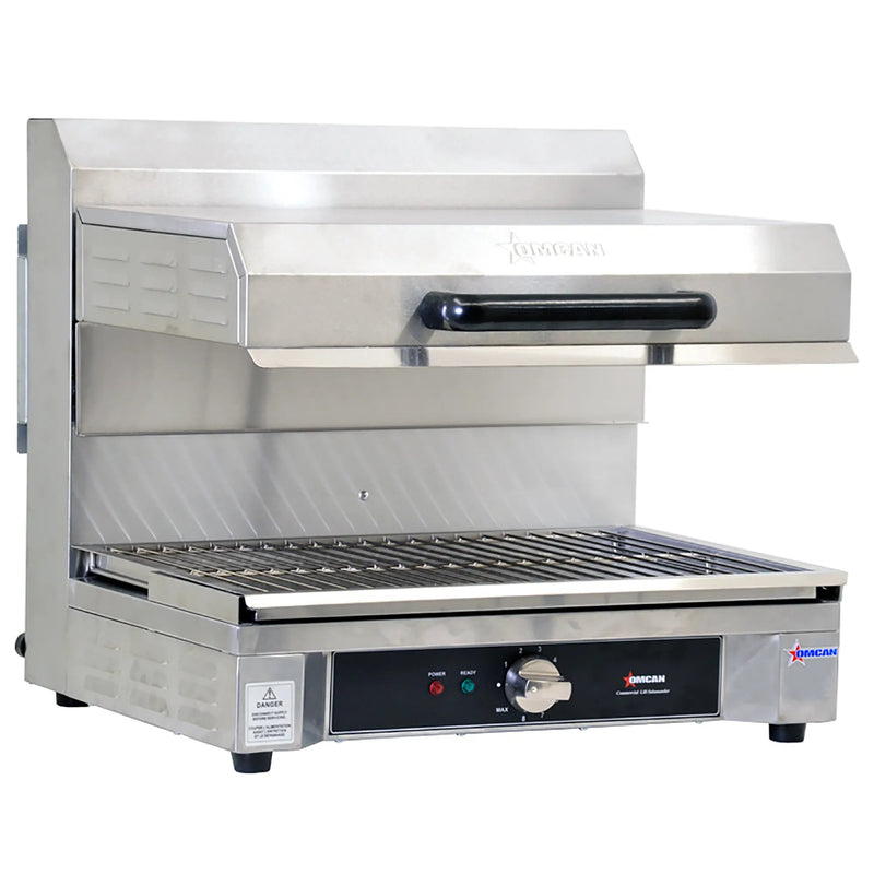 Omcan 43450 electric 21-inch adjustable salamander broiler in stainless steel with heating head raised, angled view