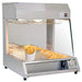 Omcan 43452 countertop chip warmer in stainless steel with heat lamp, glass sneeze guard and french fries in the tray