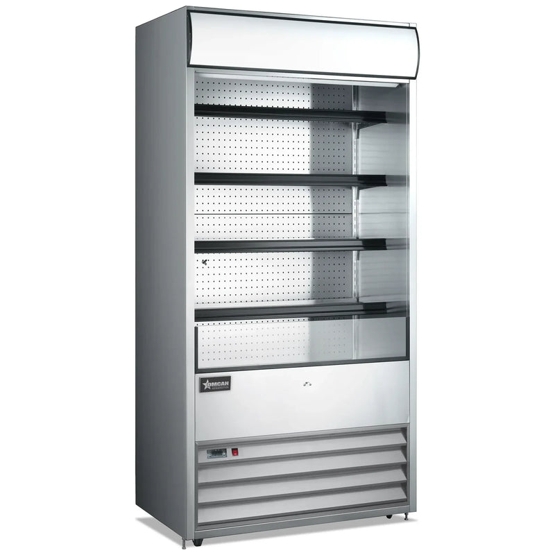 Omcan 43459 stainless steel 36-inch grab-and-go open air refrigerated merchandiser with glass sides, 4 shelves and lit canopy, angled view