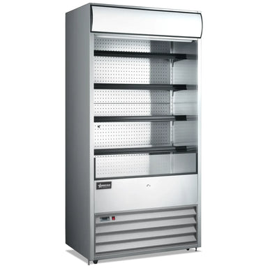 Omcan 43459 stainless steel 36-inch grab-and-go open air refrigerated merchandiser with glass sides, 4 shelves and lit canopy, angled view