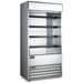 Omcan 43459 stainless steel 36-inch grab-and-go open air refrigerated merchandiser with glass sides, 4 shelves and lit canopy, angled view