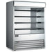 Omcan 43460 stainless steel 72-inch grab-and-go open air refrigerated merchandiser with glass sides, 4 shelves and lit canopy, angled view