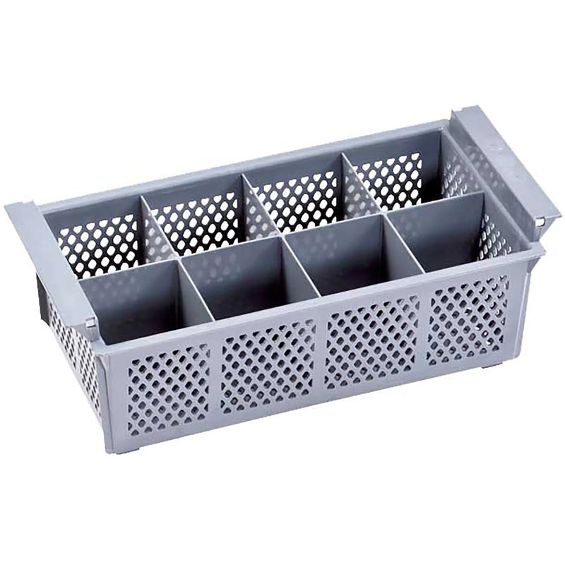 Omcan 43506 grey polypropylene 8 compartment cutlery bin with perforated sides and side handles, angled view