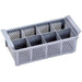 Omcan 43506 grey polypropylene 8 compartment cutlery bin with perforated sides and side handles, angled view