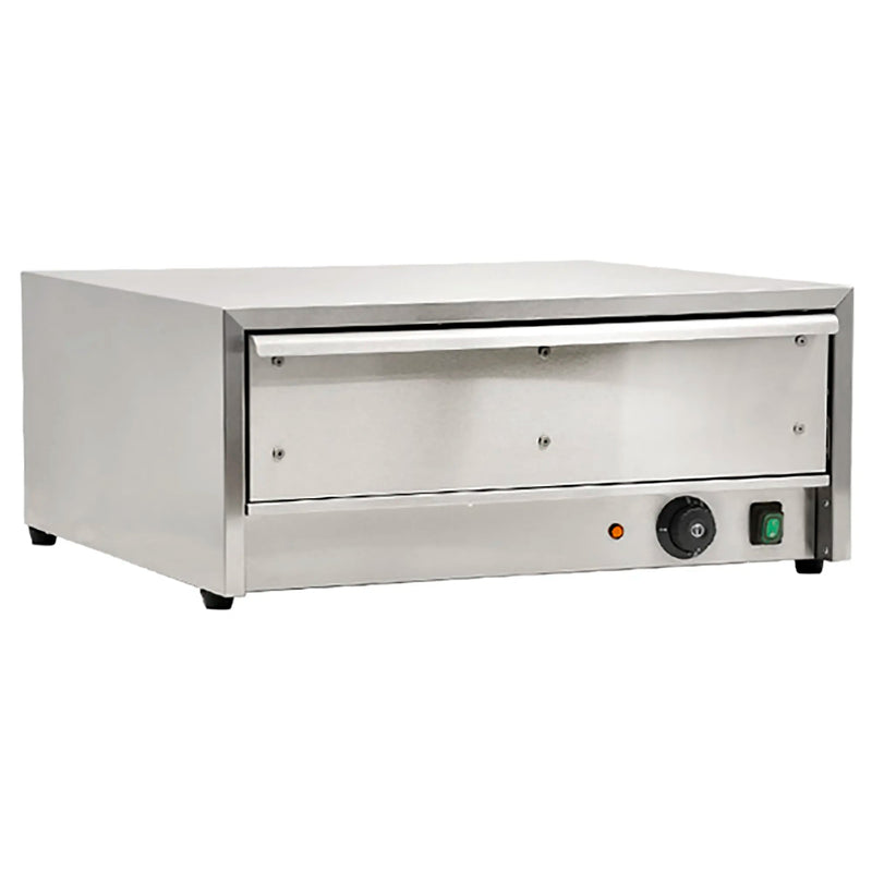 Omcan 43623 stainless steel countertop bun warming drawer with drawer closed and front controls, angled view