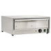 Omcan 43623 stainless steel countertop bun warming drawer with drawer closed and front controls, angled view
