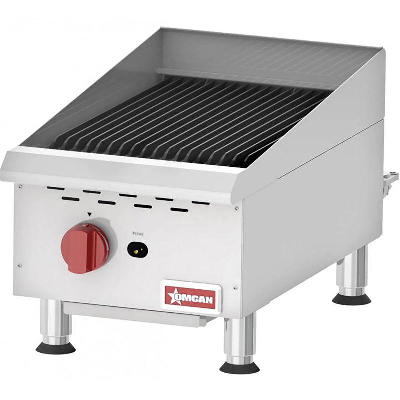 Omcan 43736 15-inch Elite natural gas/propane charbroiler with cast iron radiant grates and red knob, angled view