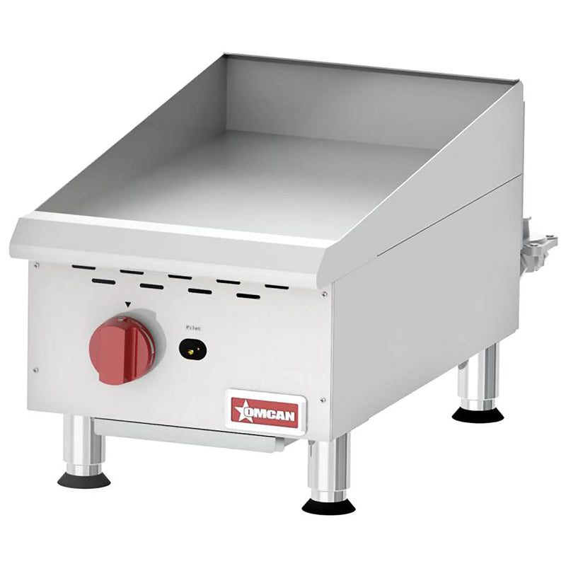 Omcan 43737 15-inch natural gas/propane manual griddle with 20-inch deep steel plate and red knob, angled view