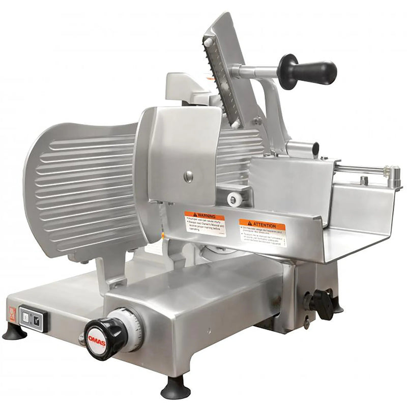Omcan 44006 manual aluminum meat slicer with 13-inch blade and gear drive, angled view showing carriage and guard