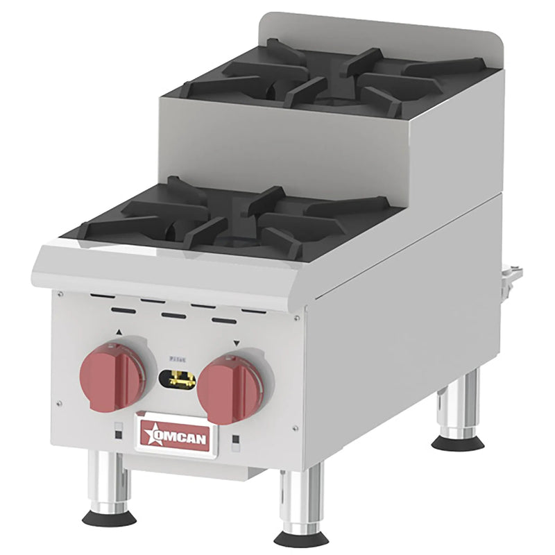 Omcan 44198 12-inch natural gas/propane step up hot plate with two open burners, cast iron grates and red knobs