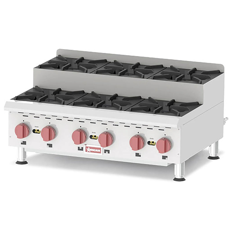 Omcan 44200 36-inch natural gas/propane step up hot plate with six open burners in stainless steel, angled view