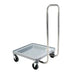 Omcan 44355 grey dish rack dolly with a tall stainless steel push handle and four swivel casters, angled view