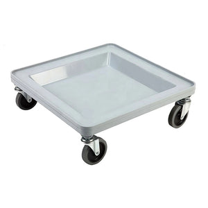 Omcan 44356 grey polypropylene dish rack dolly with 265 lb capacity and four swivel casters, angled view