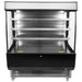 Omcan 44377 open air 51-inch wide refrigerated merchandiser with lit stainless steel shelves, straight front view