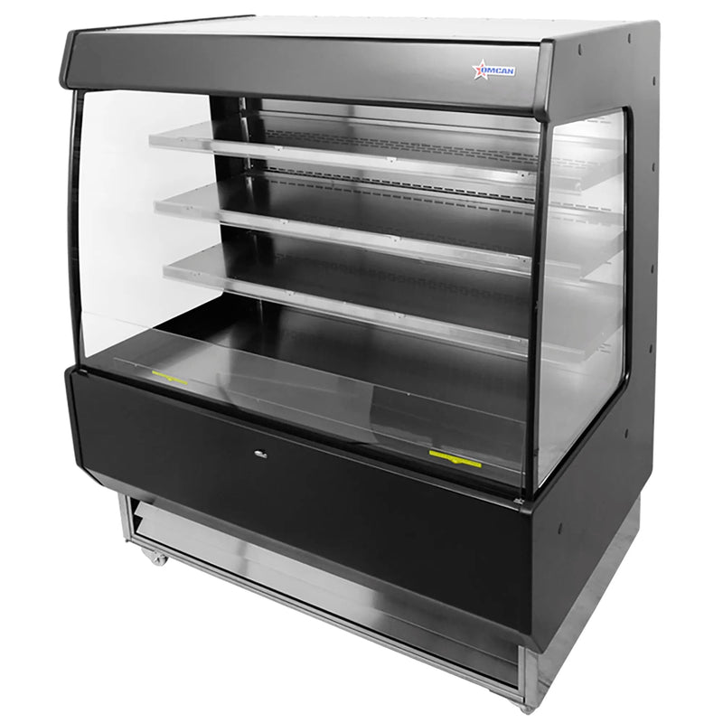 Omcan 44377 open air 51-inch wide refrigerator in black and stainless steel with four shelves, angled view