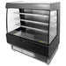 Omcan 44377 open air 51-inch wide refrigerator in black and stainless steel with four shelves, angled view
