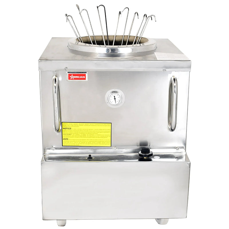 Omcan 44385 natural gas 34-inch wide tandoori oven in stainless steel with skewers in the clay opening, front view