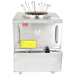 Omcan 44385 natural gas 34-inch wide tandoori oven in stainless steel with skewers in the clay opening, front view