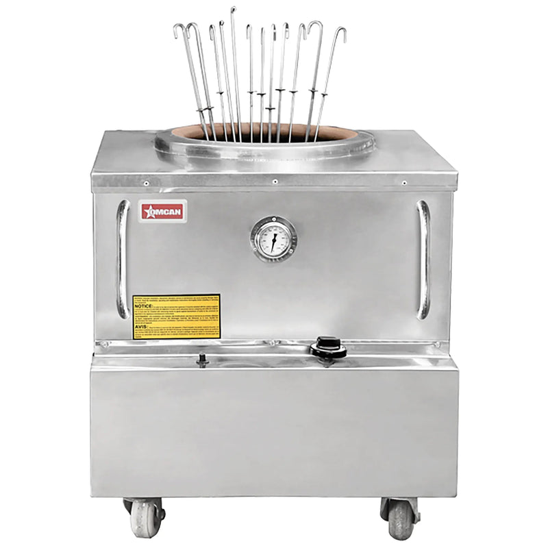 Omcan 44386 natural gas 28-inch wide tandoori oven in stainless steel with skewers, temperature gauge and casters