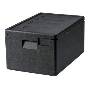 Omcan 44549 full-size insulated food carrier with 28L capacity, black top-loading box with lid and side hand grips