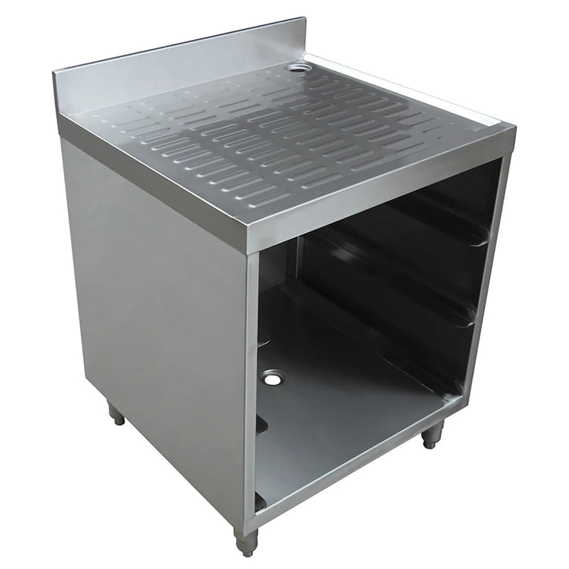 Omcan 44596 stainless steel 24-inch wide glass rack cabinet with perforated drainboard top and open front