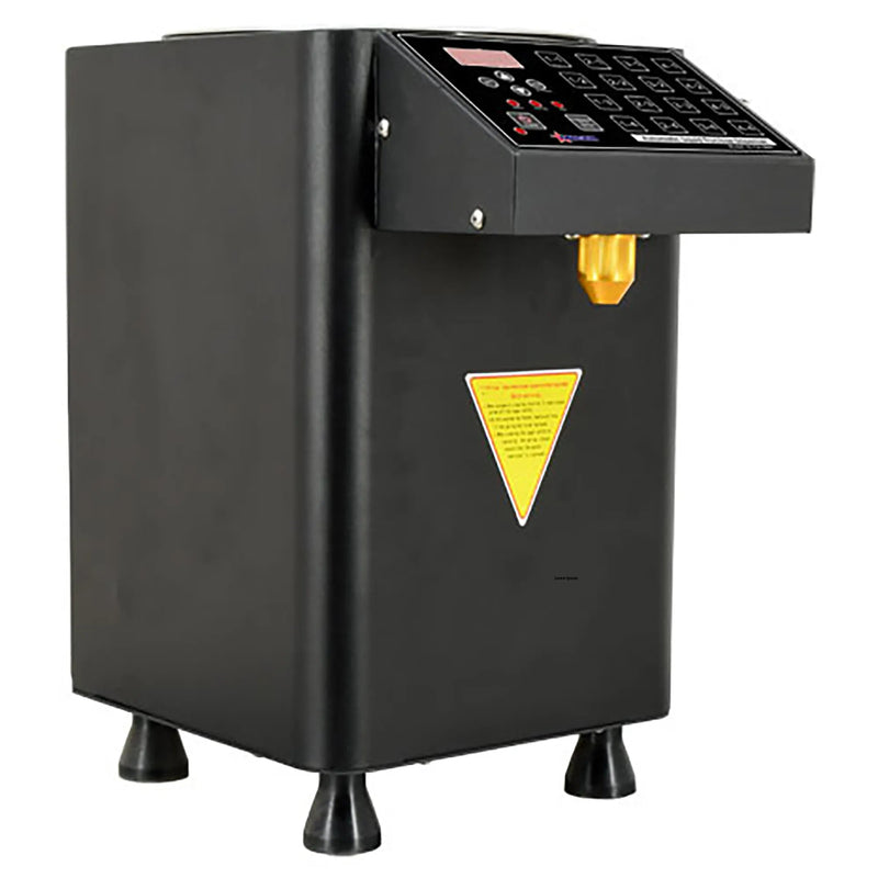 Omcan 44645 automatic fructose dispenser in black with digital keypad on top and dispensing nozzle, angled view