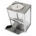 Omcan 44674 countertop nacho warmer, angled view showing the round top lid and front chip scoop tray