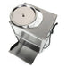 Omcan 44674 countertop nacho warmer, top view of the stainless steel round fill lid and front serving opening