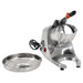 Omcan 45395 stainless steel ice shaver, angled view with the round shaved ice tray pulled out and power cord visible