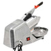 Omcan 45395 stainless steel ice shaver, angled right view showing the red power switch, lever and catch tray