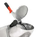 Omcan 45395 ice shaver, close-up of the red-handled lever and perforated blade lid over the stainless steel bowl