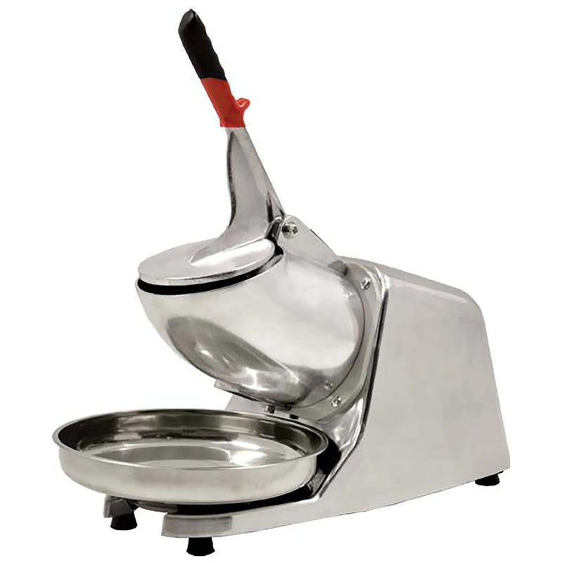 Omcan 45395 stainless steel ice shaver with red-tipped lever handle and removable round catch tray, side view
