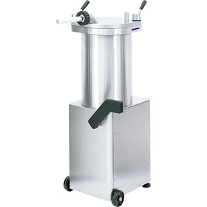 Omcan 45870 hydraulic 65 lb sausage stuffer, 120V, stainless steel cylinder and wheeled base, front view with lever
