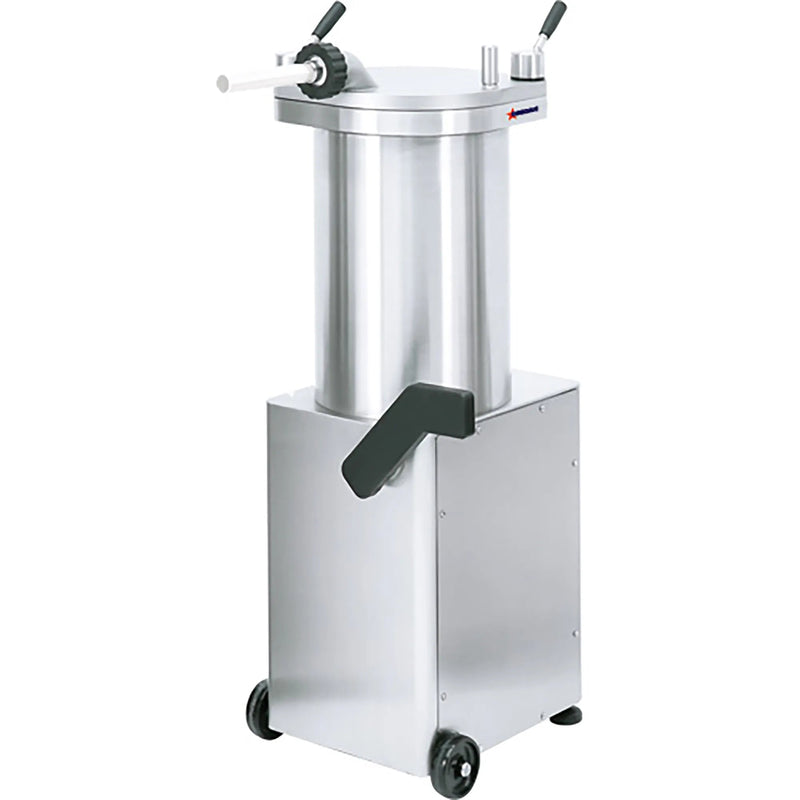Omcan 45870 hydraulic 65 lb sausage stuffer, 120V, stainless steel cylinder and wheeled base, front view with lever