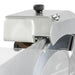 Omcan 46163 manual aluminum meat slicer, close-up of the top-mounted blade sharpener housing and knob