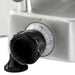 Omcan 46163 manual aluminum meat slicer, close-up of the black slice thickness adjustment knob and numbered dial