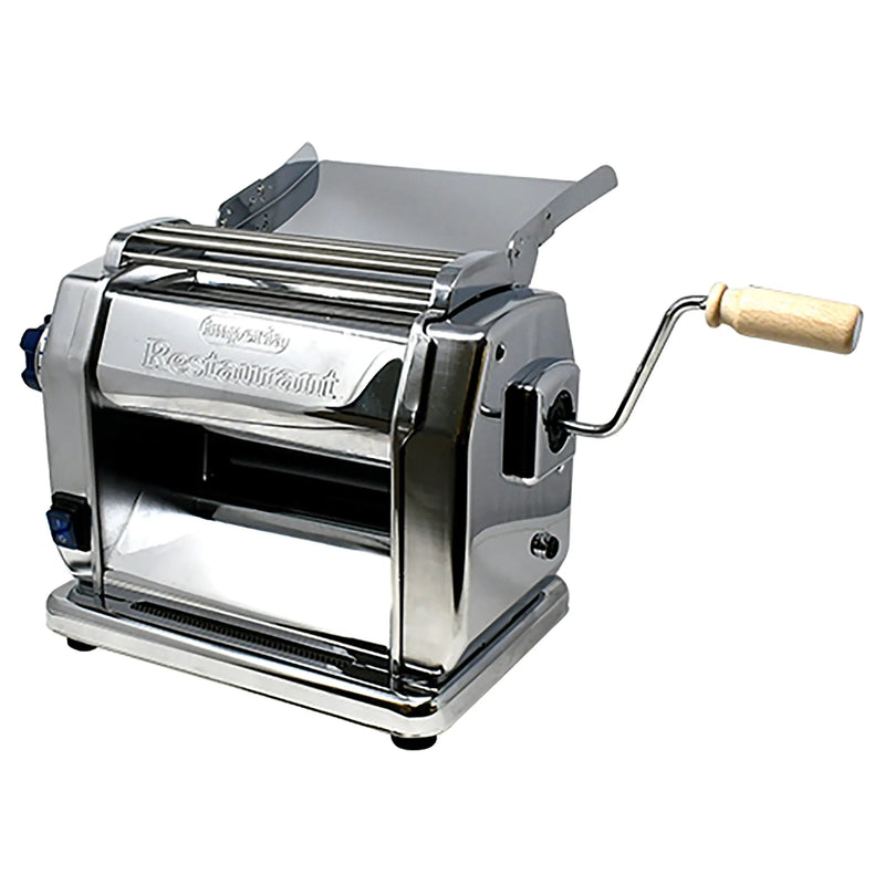 Omcan 46292 electric pasta sheeter in chrome-plated steel with top feed tray and wooden crank handle, angled view