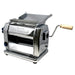 Omcan 46292 electric pasta sheeter in chrome-plated steel with top feed tray and wooden crank handle, angled view